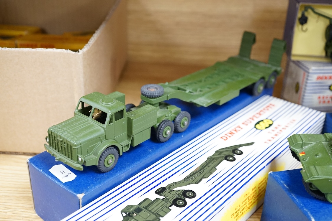 Four boxed Dinky Toys military vehicles; Mighty Antar tank transporter (660), Centurion tank (651), Recovery Tractor (661), and 10-ton Army Truck (622). Condition - fair to good, vehicles generally very good, minor wear
